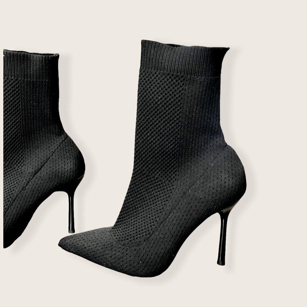 Zara Trafaluc Black Stretchy Sock Mesh Pointed Toe Ankle Boot Stiletto Heels - Picture 11 of 16